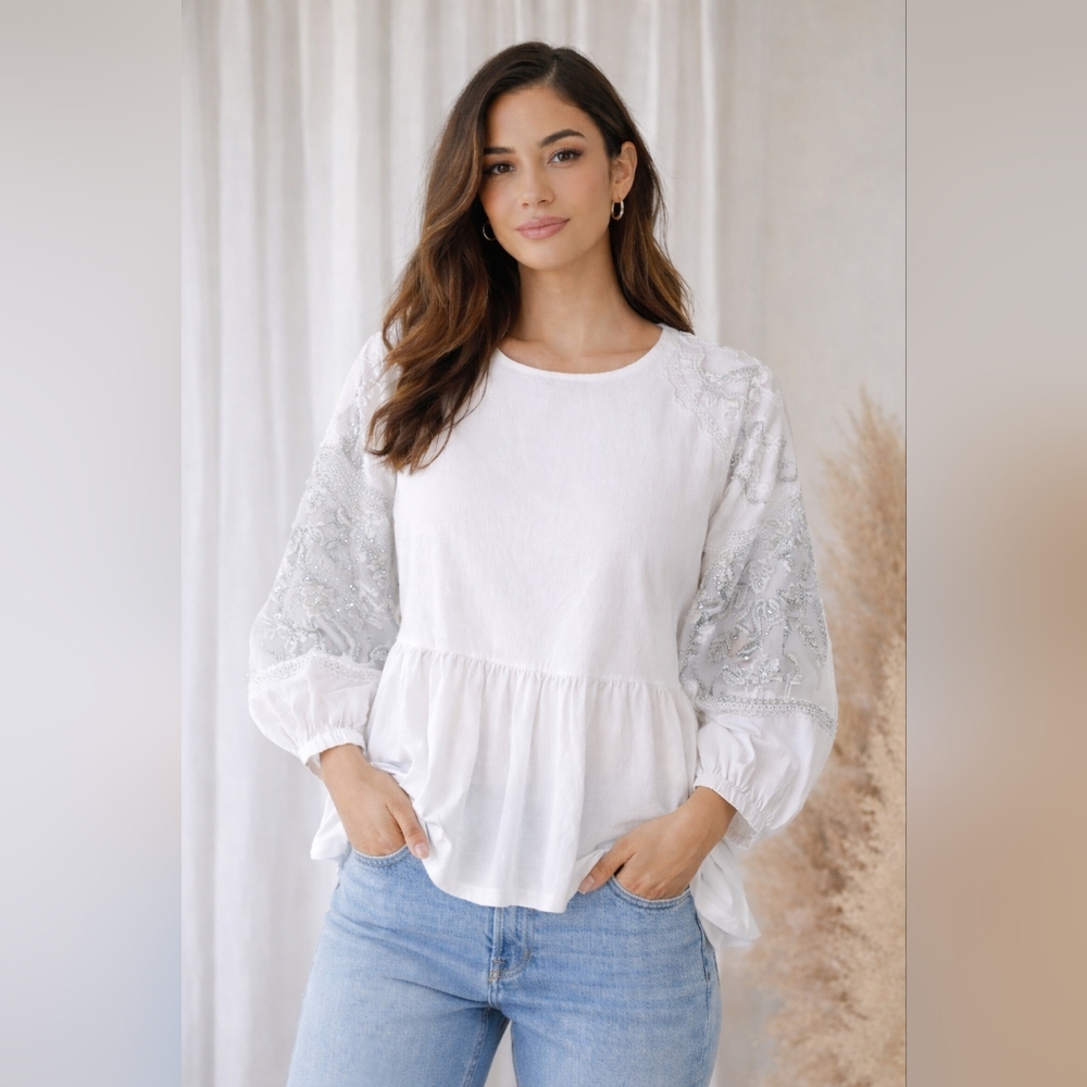 Free People Metallic Lace Blouse Size Large Relaxed Fit Embroidered Sleeve Top